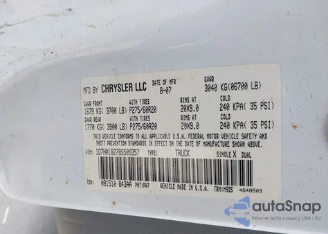 2008 Dodge Ram 1500 Slt z USA, uszkodzony, nr VIN 1D7HA18278S509357